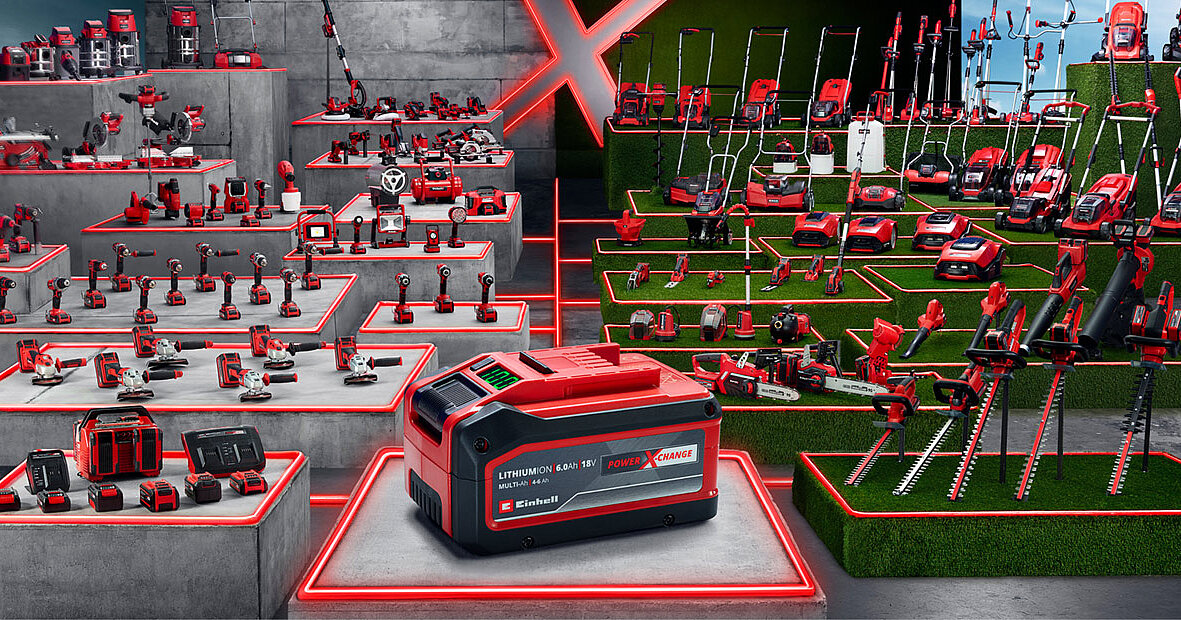 Einhell battery tool lineup — Power X-Change platform products.