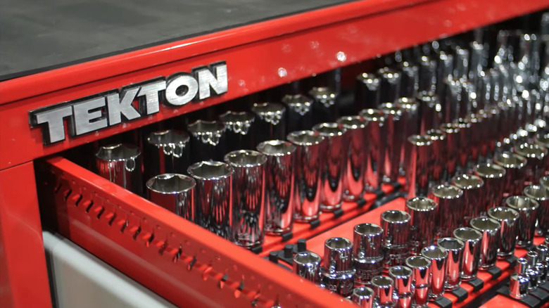 TEKTON-branded tool storage with socket sets.
